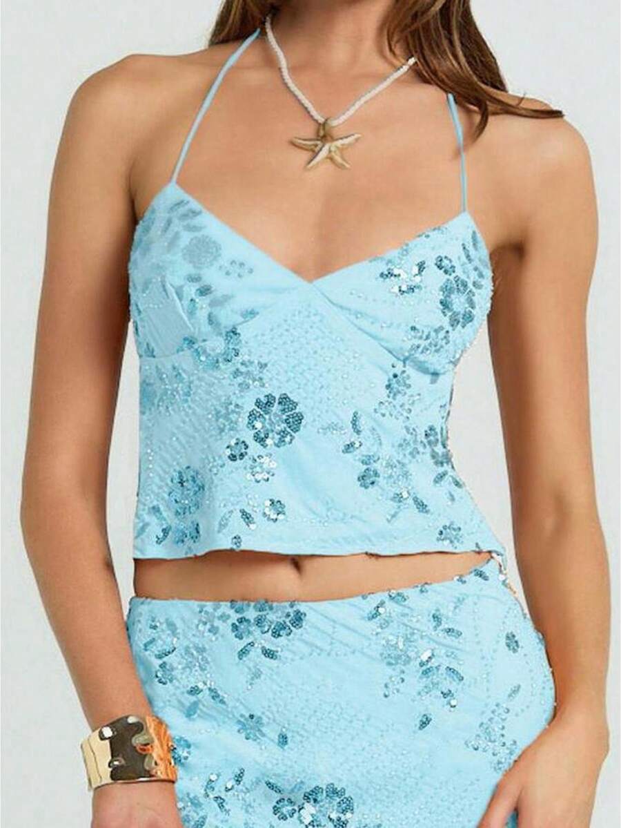 Women Y2k Halter Tops Sequined Beaded Flower Sleeveless Spaghetti Straop Crop Tank Tops Summer Open Back Tops Slim Fit Vest Party Clubwear Beach Vacation Clothes - Màu xanh lam - Xem 1