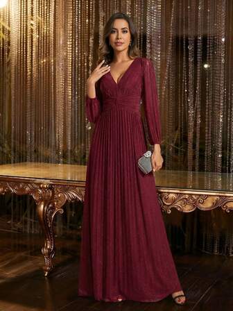 Women's Formal Dress, Elegant Solid Deep V-Neck Lantern Sleeve Shiny Fabric Vintage Burgundy Evening Gown, New Year