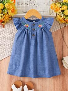 Baby Girls' Casual Sweet Floral Embroidery Round Neck Cap Sleeve Dress, Summer - Blue - View 1