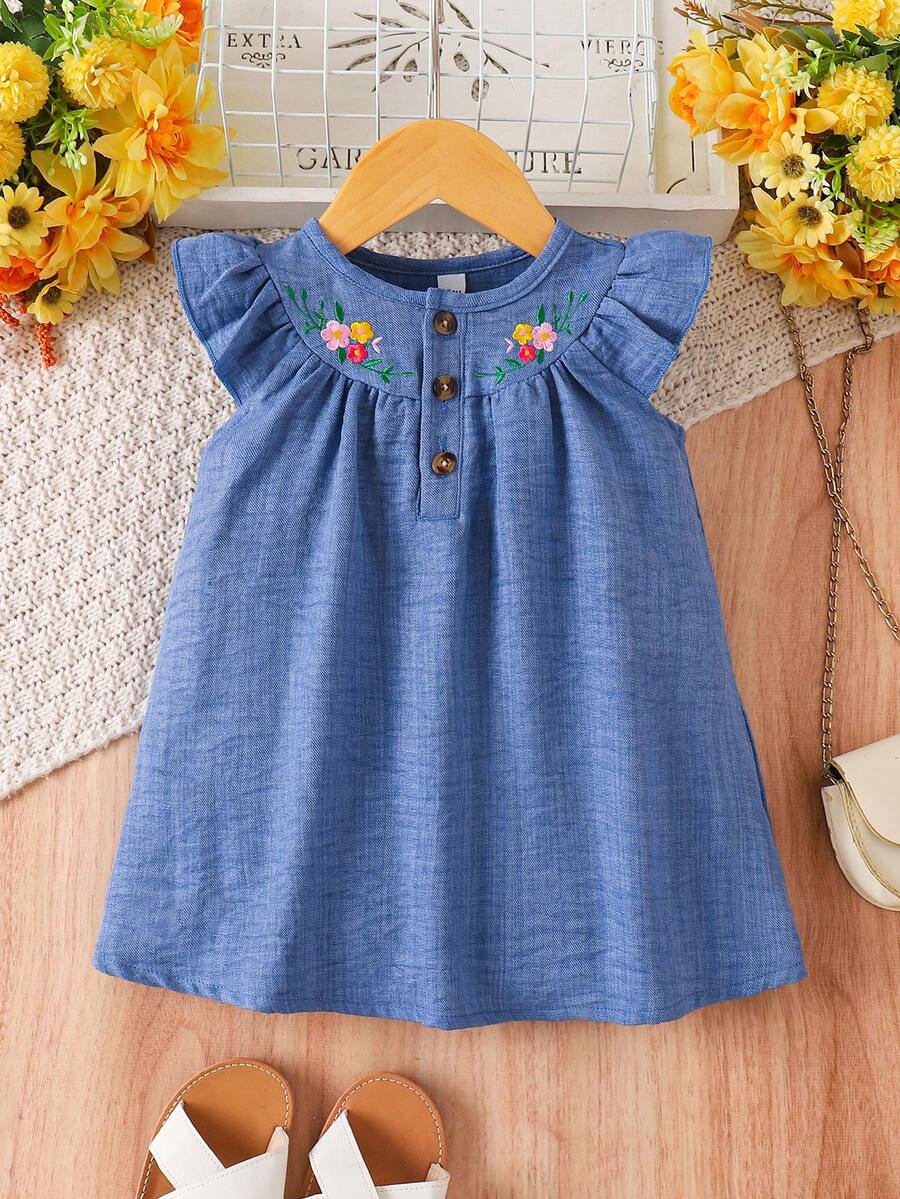 Baby Girls' Casual Sweet Floral Embroidery Round Neck Cap Sleeve Dress, Summer - Blue - View 1