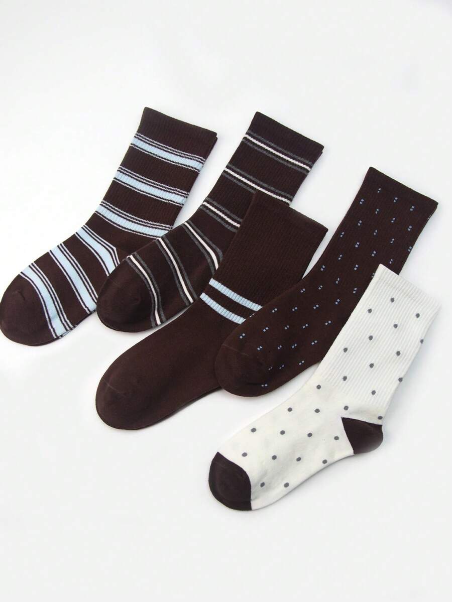 5 Pairs Women's Brown Striped & Polka Dot Slouch Socks - Fashionable, Mature & Minimalist Style, Soft & Comfortable For Autumn & Winter. Suitable For Daily Wear, Unisex Mid-Calf Socks For Home Use, Perfect As A Fashionable Gift. - Multicolor - View 1