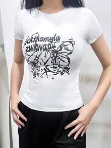 圆领短袖T恤，美式辣妹风，夏季新款蝴蝶图案和字母印花，修身短款女式上衣 - 白色 - 查看 2