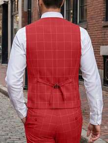 Mens 3 Pieces Suit Set Plaid Slim Fit  Checked Casual Tuxedo Formal Suits For Men Wedding Business Party Blazer Vest Pant - 紅色 - 查看 4