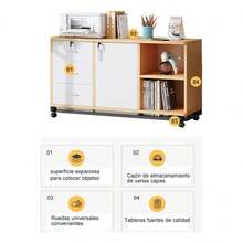 Armario de archivos móvil para oficina, armario de almacenamiento con ruedas de madera estampada clara (almacenamiento doble: cajones + compartimentos abiertos) - Blanco - Ver 2