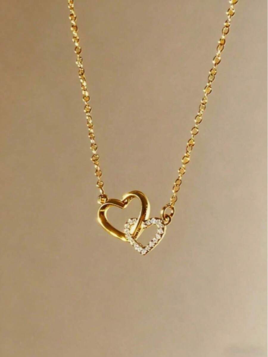 1pc Heart-Shaped Necklace For Women, Minimalist & Elegant Clavicle Chain, Ideal Valentine's Day Gift For Girlfriend, Versatile For Daily Wear - Gold - View 1