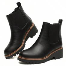 ZIITOP Womens Chelsea Wedge Boots Elastic Platform Slip On Waterproof Ankle Booties - Black Leather - View 11