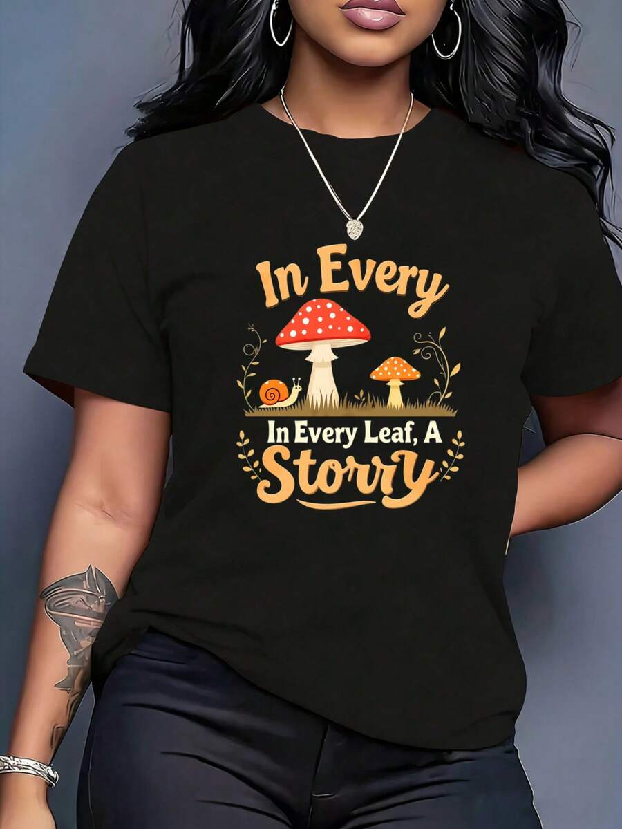 Round Neck Fun Print In Every Leaf A Story Mushroom Snail Nature Inspired Graphic T-Shirt For Women Suitable For Holiday Gifts - 黑色 - 查看 1