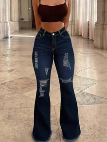 Women's Mid-Rise Flared Jeans, Sexy Ripped Elastic Raw Hem Denim Flared Pants, Casual Wear Fashion Trousers - Dark Wash - View 5