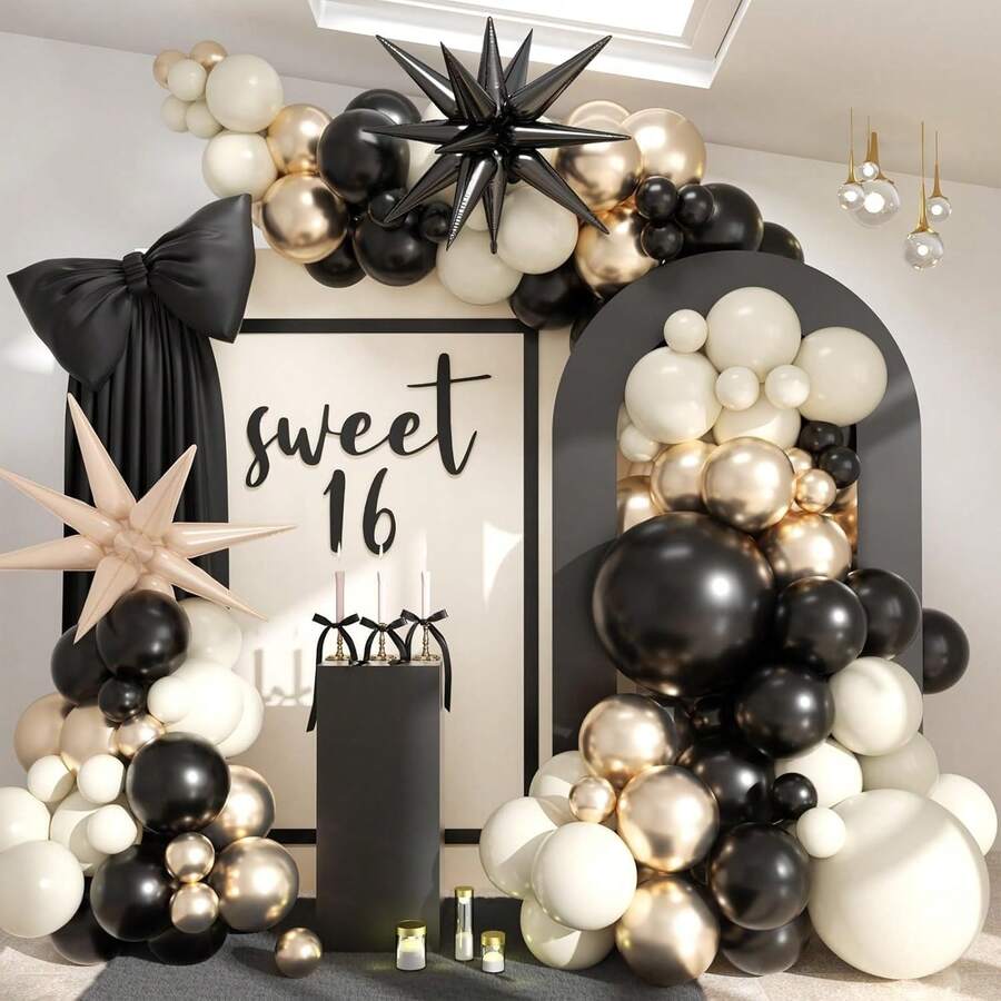 Black White Gold Balloon Garland Kit, 112 Pcs Beige Sand Black Cream Metallic Gold Balloon Arch With Explosion Star Foil Balloons For Girl Women Birthday Wedding Bachelorette Party Decoration - Multicolor - View 1