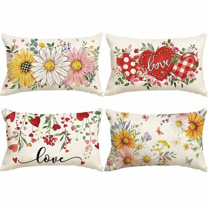 1件/2件装春夏情人节亚麻枕套，图案包括菊花、向日葵、心形、“爱”字和玫瑰，适合装饰沙发、客厅、卧室、户外露台和花园。单面印花，不含枕芯（12英寸*20英寸）。