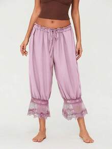 Women Y2K Half Slip Under Dress Pettipants Mid Rise Lace Patchwork Bloomers Trousers Ruffle Pantaloons Cropped Flared Pants Cute Pumpkin Long Pants - Hồng - Xem 1