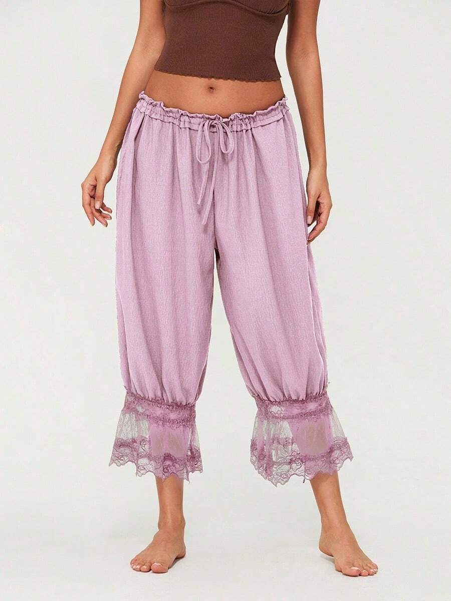 Women Y2K Half Slip Under Dress Pettipants Mid Rise Lace Patchwork Bloomers Trousers Ruffle Pantaloons Cropped Flared Pants Cute Pumpkin Long Pants - Hồng - Xem 1