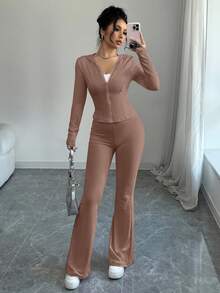 abyoxi 两件套纯色连帽拉链外套和喇叭裤，时尚休闲运动装，适合户外、街头、运动、日常穿着，展现个人魅力，女士秋冬装 - 駝色 - 查看 6