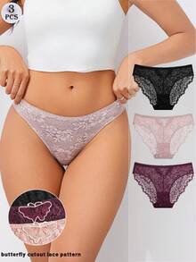 FINETOO 3件套女士精致蕾丝图案蝴蝶镂空丁字裤，浪漫优雅女士内衣 - 彩色 - 查看 3