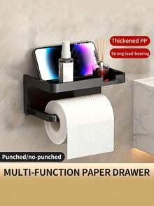 1pc No-Drill Toilet Paper Holder, Hygienic Drawer Roll Paper Rack, Wall-Mounted Bathroom Tissue Holder With Phone Stand, Plastic Material, Dual-Purpose Bathroom Storage Rack Suitable For Tissues And Essentials, Tissue Holder, Wall-Mounted Bathroom Shelf, Bathroom Accesssories, Bathroom Deccor, Room Decor, Valentine's Day, Bathroom Sets