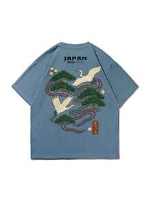 Men's Casual Versatile Simple Japanese Crane Print Short Sleeve T-Shirtgraphic Tee  Shirts - 霧霾藍 - 查看 5