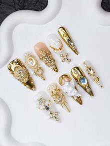 10pcs/Set Handmade Almond-Shaped Y2K Baddie Style Press-On Nails,, Gold, White Colors With French Tips, Asymmetrical Metallic Patterns, Beads, Hearts, Pearls, Gems, Crosses, Rhinestones, Decorations, Suitable Women And Girls, Party, Wedding, Daily Wear, Includes Kit, Great Ladies - Nhiều màu - Xem 3
