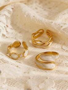 3pcs Elegant Line Circle Drip Oil Stainless Steel Adjustable Ring Set, Suitable For Daily Wear And Holiday Gifts - As Shown - View 2