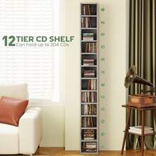 HOMCOM 12-Tier Media Storage Cabinet 204 CDs Shelf Tower Multimedia Organizer Rack Stand Bookcase Display Unit MDF Colour Oak - Gris - Ver 4