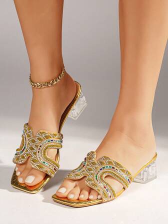 Women's Thick Heel Transparent Crystal Strap Pearl Bow Tie Multi-Color Square Toe Chunky Heel Sandals, Elegant & Versatile New Style High Heel Square Toe Chunky Heel High Heel Sandals