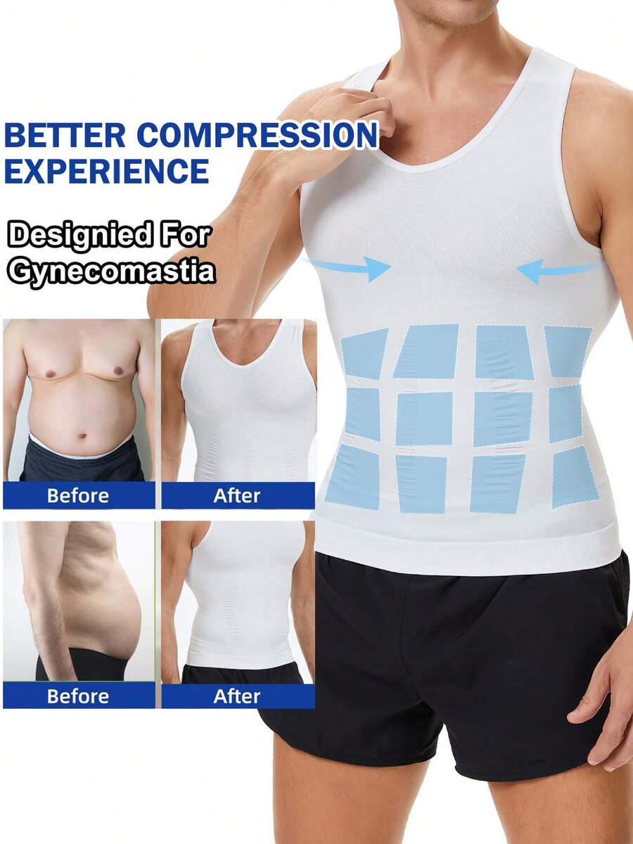 Herren Kompressionsshirt Slimming Brust Shapewear Body Shaper Flacher Bauch Bauchkontrolle Unterhemd Shaping Weste Unterwäsche V-Ausschnitt Tank Top - Weiss - Übersicht 1
