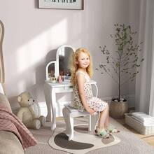 HOMCOM Kids Dressing Table And Stool Kids Vanity Set Makeup Desk W/ Mirror, Drawer, For Ages 3-6 Years, White - White - View 1