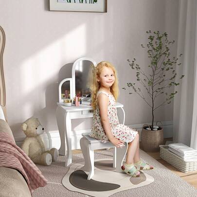  HOMCOM Kids Dressing Table And Stool Kids Vanity Set Makeup Desk W/ Mirror, Drawer, For Ages 3-6 Years, White