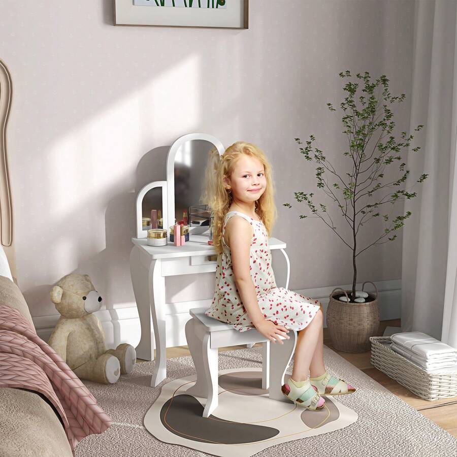 HOMCOM Kids Dressing Table And Stool Kids Vanity Set Makeup Desk W/ Mirror, Drawer, For Ages 3-6 Years, White - White - View 1