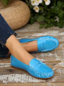 女士平底休闲乐福鞋，软底，户外防滑平底鞋，轻便舒适的中年妈妈工作/休闲鞋 - 藍色(918-5) - 查看 8