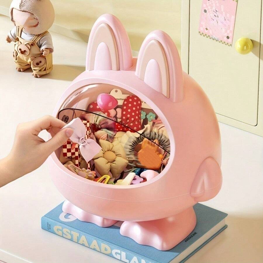 1pc Cute Rabbit Ear Shaped Storage Bucket, Desk Organizer Box, Cartoon Decor Storage Container - Multicolor - View 1