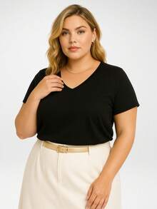 Kit 3 Blusas Feminina Plus Size Gola V Básica Casual - H00 - Multicolorido - Visão 5
