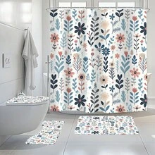 1pc/3pcs/4pcs Fresh Premium Plant Floral Printed Shower Curtain Set, Toilet Seat Bath Mat Floor Mat Set, Plant Floral Printed Shower Curtain, Perfect For Bathroom Decoration, Universal Room Decoration, Home Decoration Set, Bathroom Accessories Bath Curtain Toilet Side Floor Mat Shower Curtain