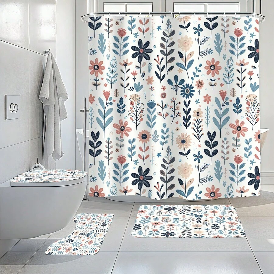 1pc/3pcs/4pcs Fresh Premium Plant Floral Printed Shower Curtain Set, Toilet Seat Bath Mat Floor Mat Set, Plant Floral Printed Shower Curtain, Perfect For Bathroom Decoration, Universal Room Decoration, Home Decoration Set, Bathroom Accessories Bath Curtain Toilet Side Floor Mat Shower Curtain
