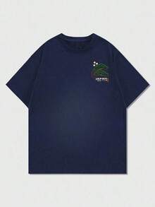 Men's Casual Versatile Simple Japanese Crane Print Short Sleeve-Shirt - Navy Blue - View 5