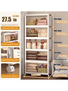 VOOVA 70cm 4/5layers Storage Cabinet, Household Foldable Sundries Storage Box, Large Capacity Plastic Boxes With Door And Wheels, For Bedroom, Living Room And Kitchen, Home Organizers And Storage, Home Accessories - White - View 10