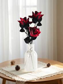 5支/1束黑红玫瑰仿真花，带茎，丝质花束，适用于哥特式婚礼、家居、办公室、酒店装饰、节日装饰，尤其适合万圣节 - 黑紅 - 查看 7