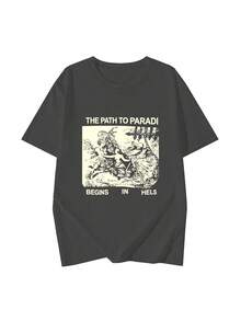 女士圆领短袖T恤，夏季新款字母印花，时尚休闲百搭宽松上衣 - 深灰 - 查看 3