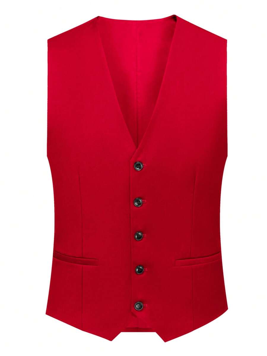 Men's Solid Color Classic Vest, Suitable For All Seasons, Business Casual Or Formal Wear, Red