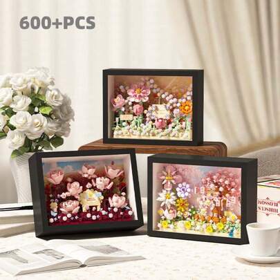 DIY Flower Building Blocks Photo Frame Decor, Handmade Rose Bouquet Puzzle, Healing Office Decoration, Girlfriend Gift, Christmas, Birthday, Holiday, New Year, Mother's Day Gift