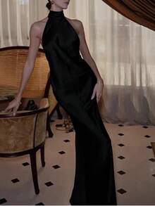 Women Y2k Satin Maxi Dress Elegant  Mock Neck Halter Dress Sleeveless Open Back Extra Length Cocktail Dress Wedding Guest Dress Graduation Long Dress Birthday Party Dress - 黑色 - 查看 4