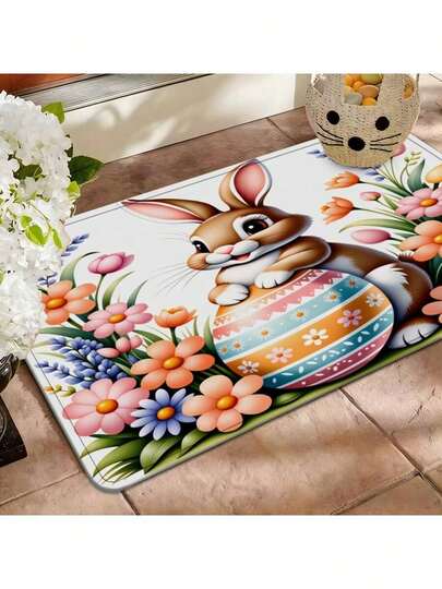 1pc Easter-Themed Rabbit Printed Doormat – Soft Polyester Flannel Material, Water-Absorbent & Non-Slip Floor Mat, Suitable For Indoor Spaces At Home, Machine Washable, An Ideal Choice For Bedrooms, Bathrooms & Foyers, A Floor Mat With Both Decorative Appeal And Seasonal Vibe