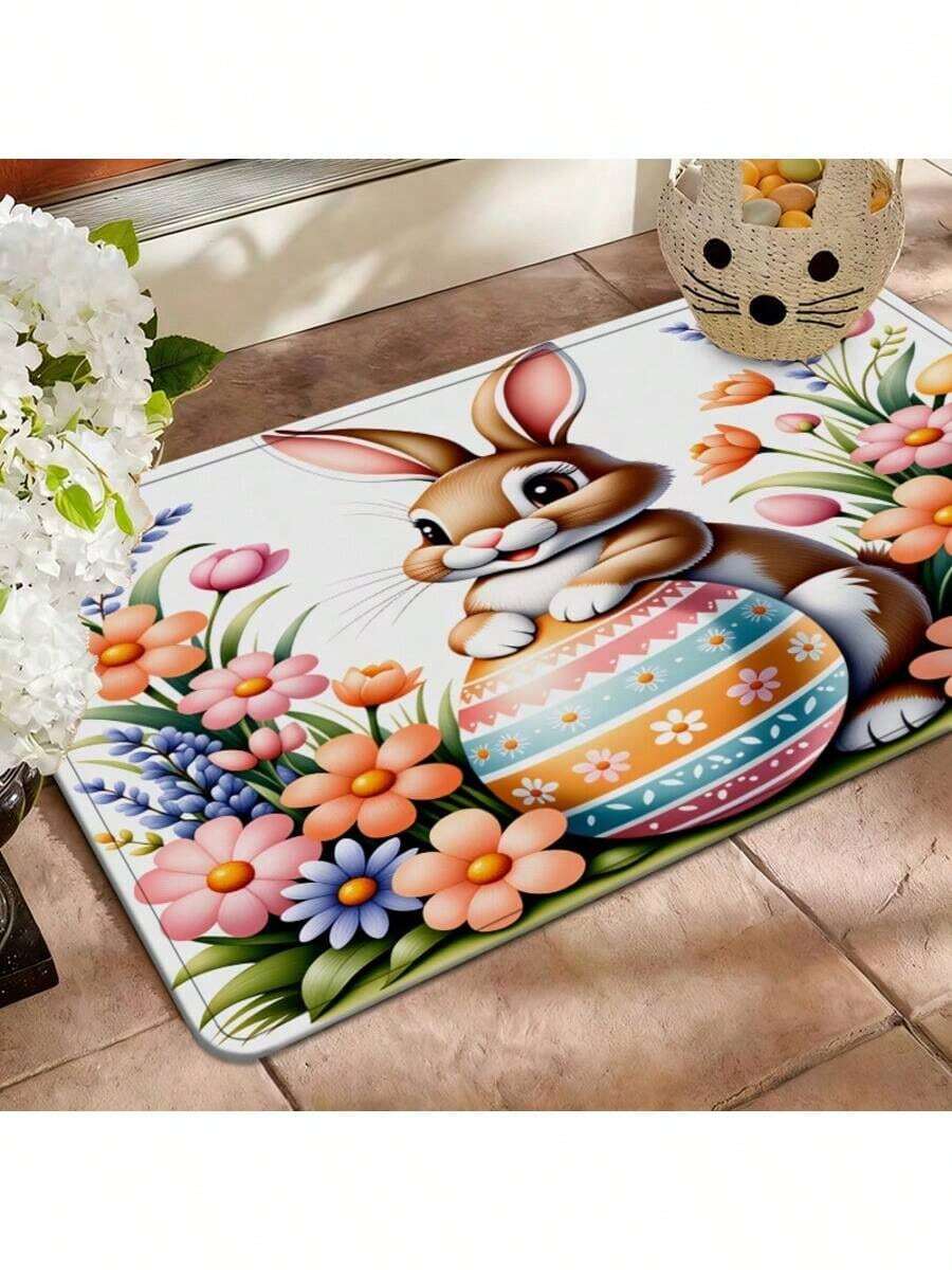 Tapete de porta com estampa de coelho e tema de Páscoa (1 peça) – Material macio de flanela de poliéster, absorvente e antiderrapante, ideal para ambientes internos, lavável à máquina, uma escolha perfeita para quartos, banheiros e halls de entrada. Um tapete com apelo decorativo e um toque sazonal. - Multicolorido - Ver 1