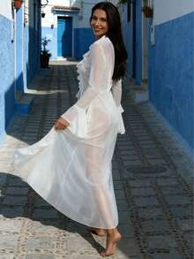 女士优雅纯色沙滩罩衫，性感长袖蕾丝边沙滩比基尼罩衫，飘逸荷叶边下摆度假风 - 白色 - 查看 2