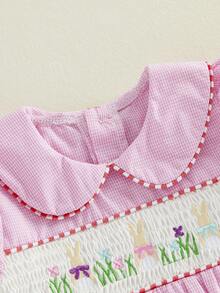 Toddler Girl Easter Outfit Bunny Embroidery Plaid Print Short Sleeve Peter Pan Collar Smocked Dress Spring Clothes - Hồng - Xem 3