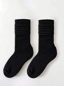 1 Paio di calze lunghe/sopra il ginocchio/polpaccio per donna, di colore unito, minimali e versatili, confortevoli e calde per tutte le stagioni - nero - Visualizzare 1