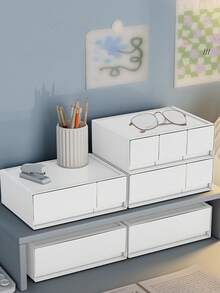 白色塑料抽屉式收纳盒，可自由组合堆叠，桌面整理盒，适用于办公室、学校和桌面杂物收纳。