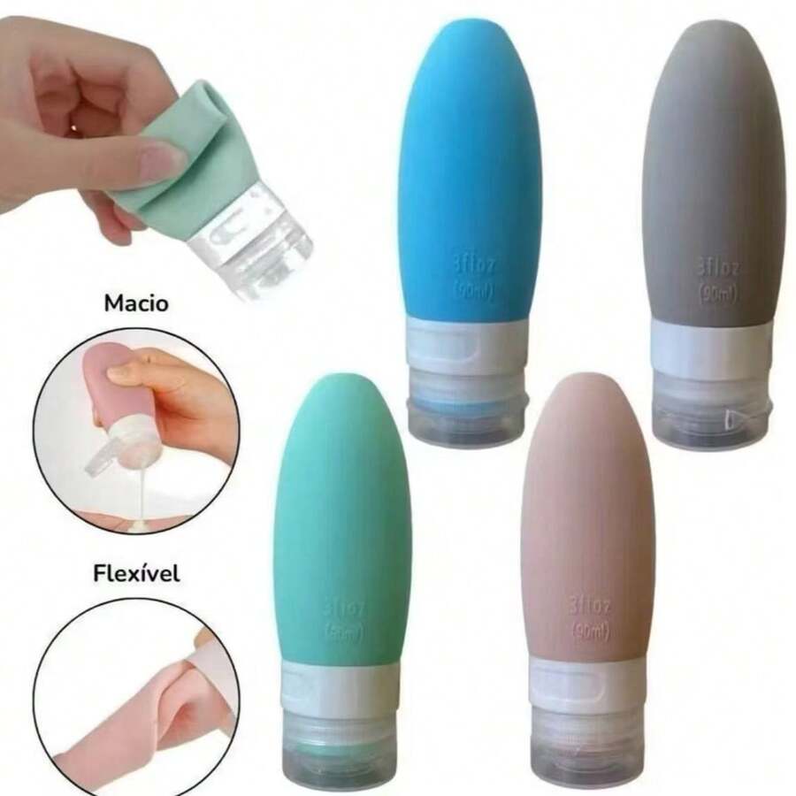 Kit 4 Frascos Viagem 90ml Silicone Azul Cinza Preto Creme Shampoo Pronta Entrega