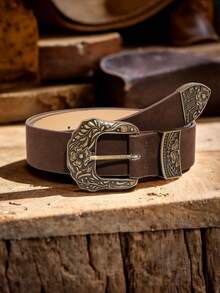 1pc Coffee Color Western Style Engraved Floral Pattern Suede Casual Waist Belt For Women, Autumn/Winter - Coffee Brown - View 2