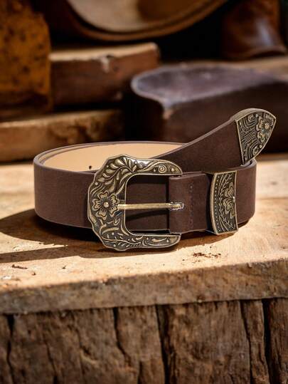 1pc Coffee Color Western Style Engraved Floral Pattern Suede Casual Waist Belt For Women, Autumn/Winter