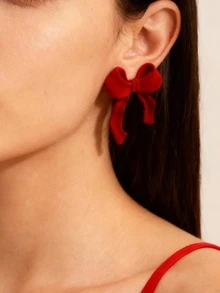 1 Pair Retro Flocked Bow Stud Earrings, European And American Fashion Style, Suitable For Daily Wear, Valentine's Day Gift, Gift For Girlfriend, Mother - Red - View 1